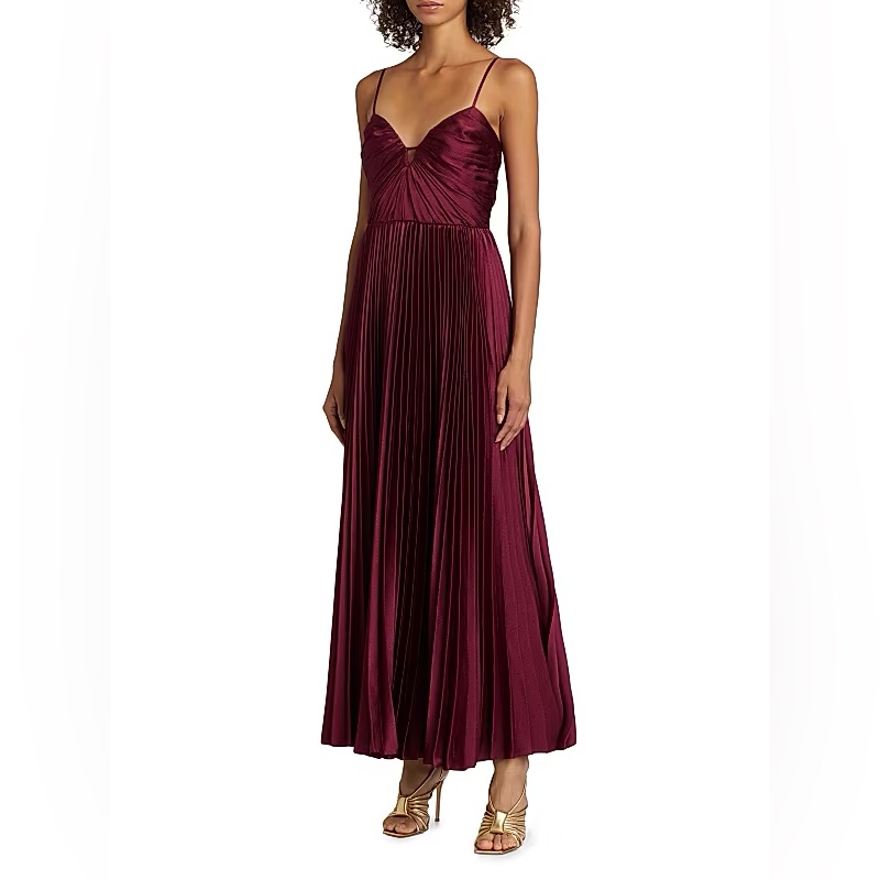 Monique Lhuillier Suzette Burgundy Strapless Pleated Maxi Dress
